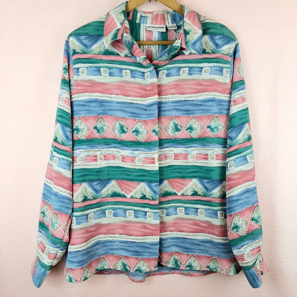 Vintage Alfred Dunner Women Button Up Blouse Striped Pink Blue +Size Plus 16